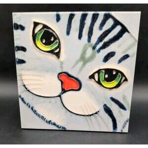 Vtg Cat Art Tile 7.75" Gray Tabby Green Eyes